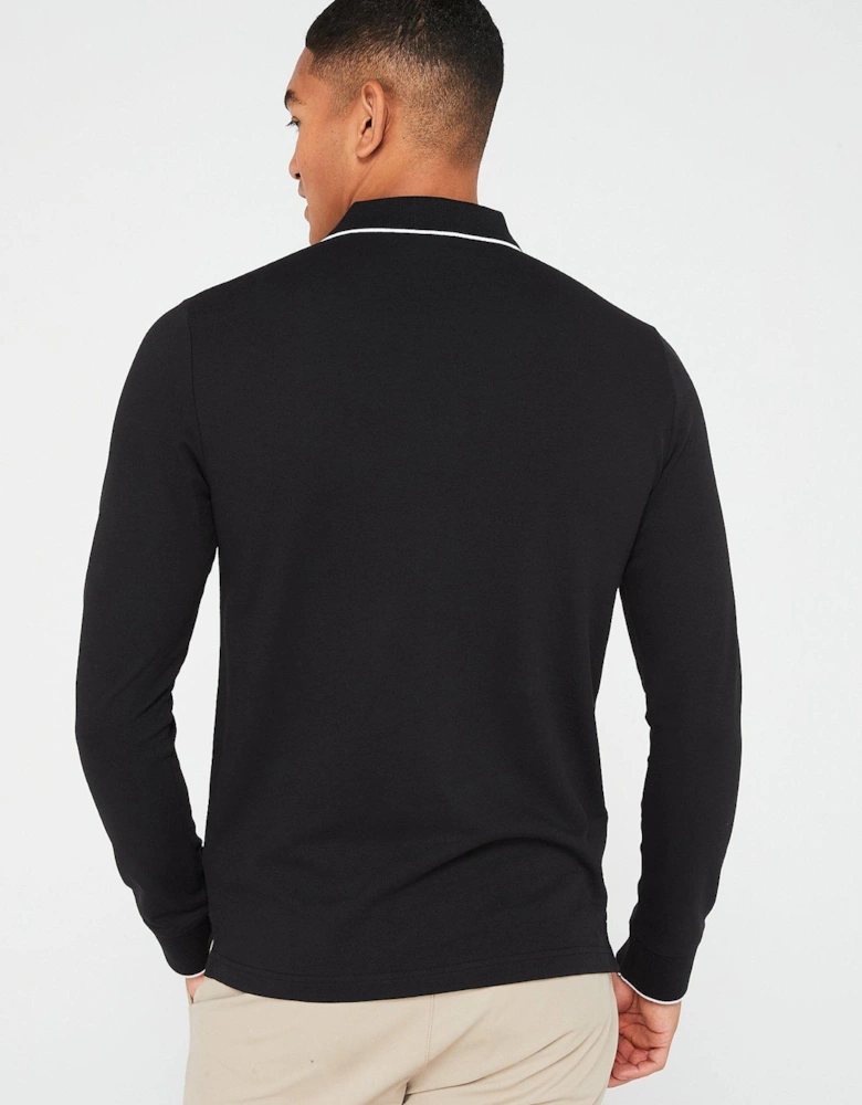 Stretch Pique Tipping Long Sleeve Polo Shirt - Black