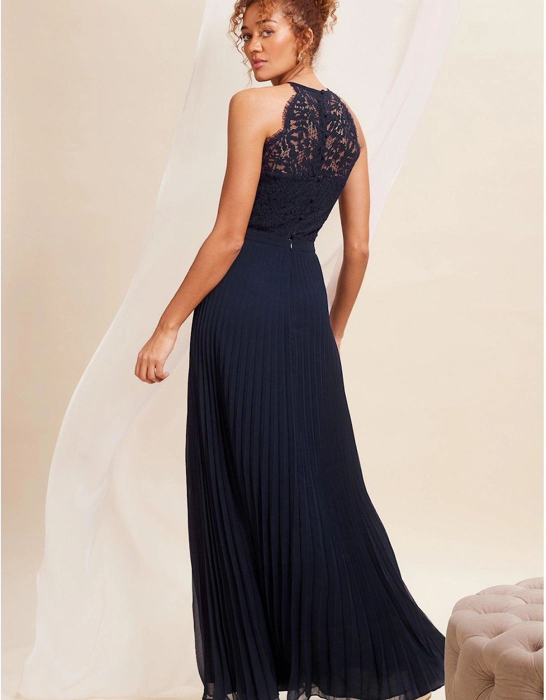 Navy Back Detail Halter Lace Pleated Maxi Dress - Navy