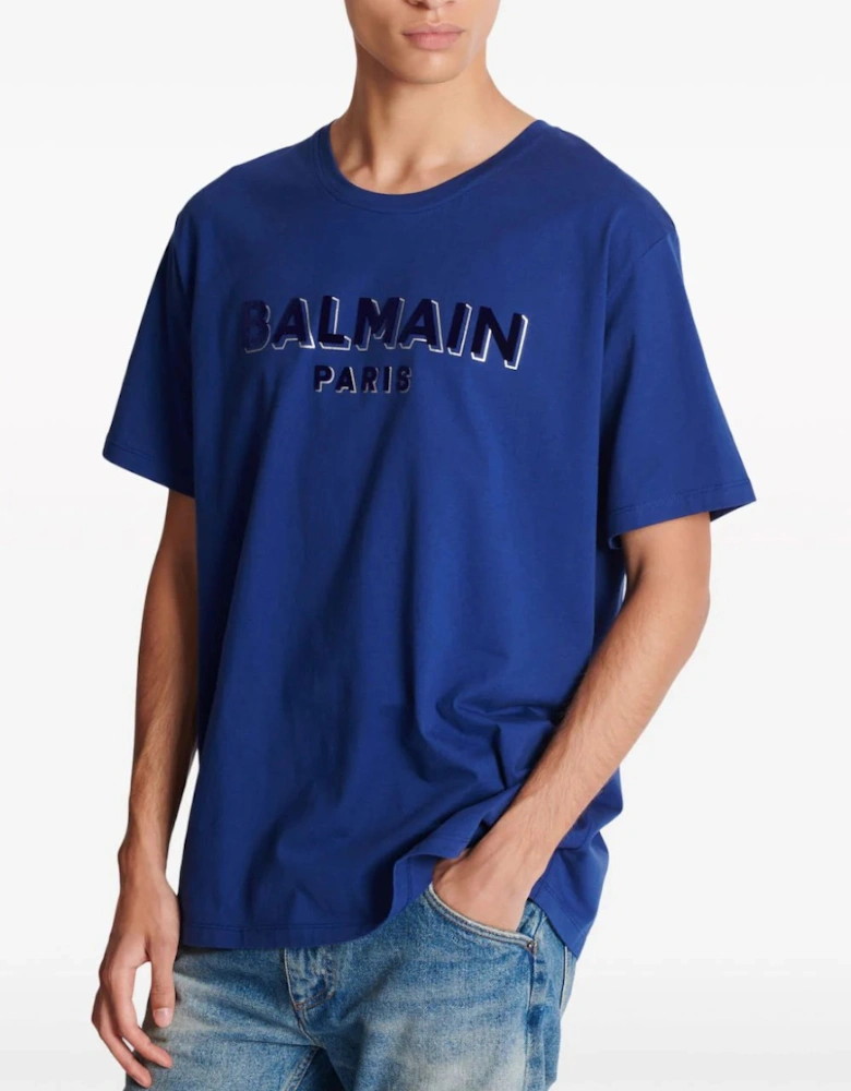 Crewneck Oversized T-Shirt with Velvet Logo in Blue