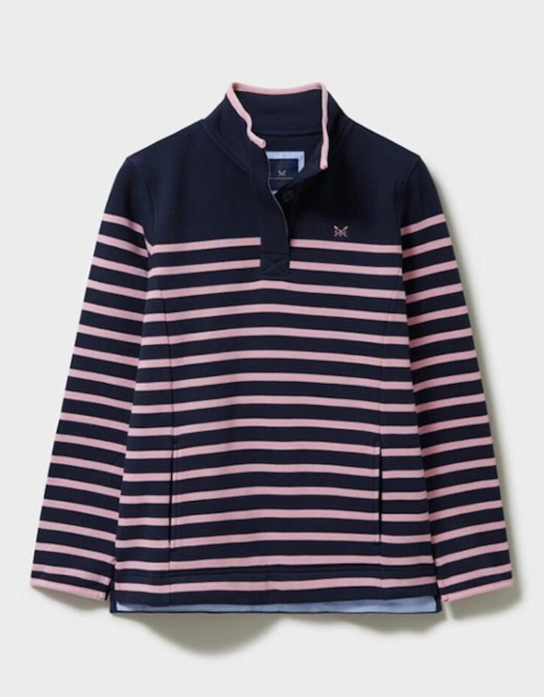 Women's Half Button Sweat Dark Navy Pink Stripe