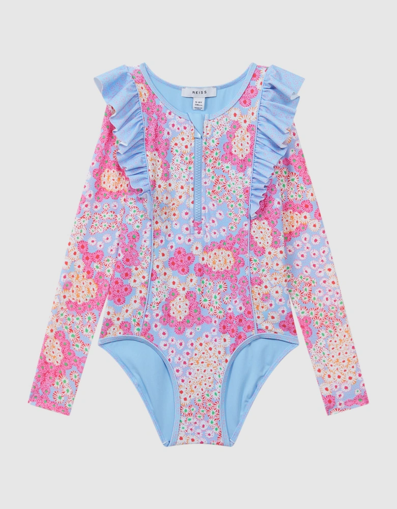 Floral Print Ruffle Long Sleeve Swimsuit