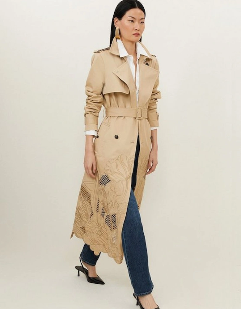 Tailored Cutwork Embroidered Belted Trench Coat