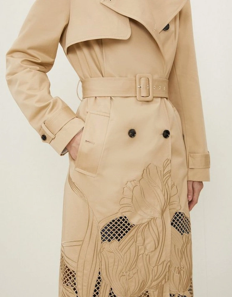 Tailored Cutwork Embroidered Belted Trench Coat