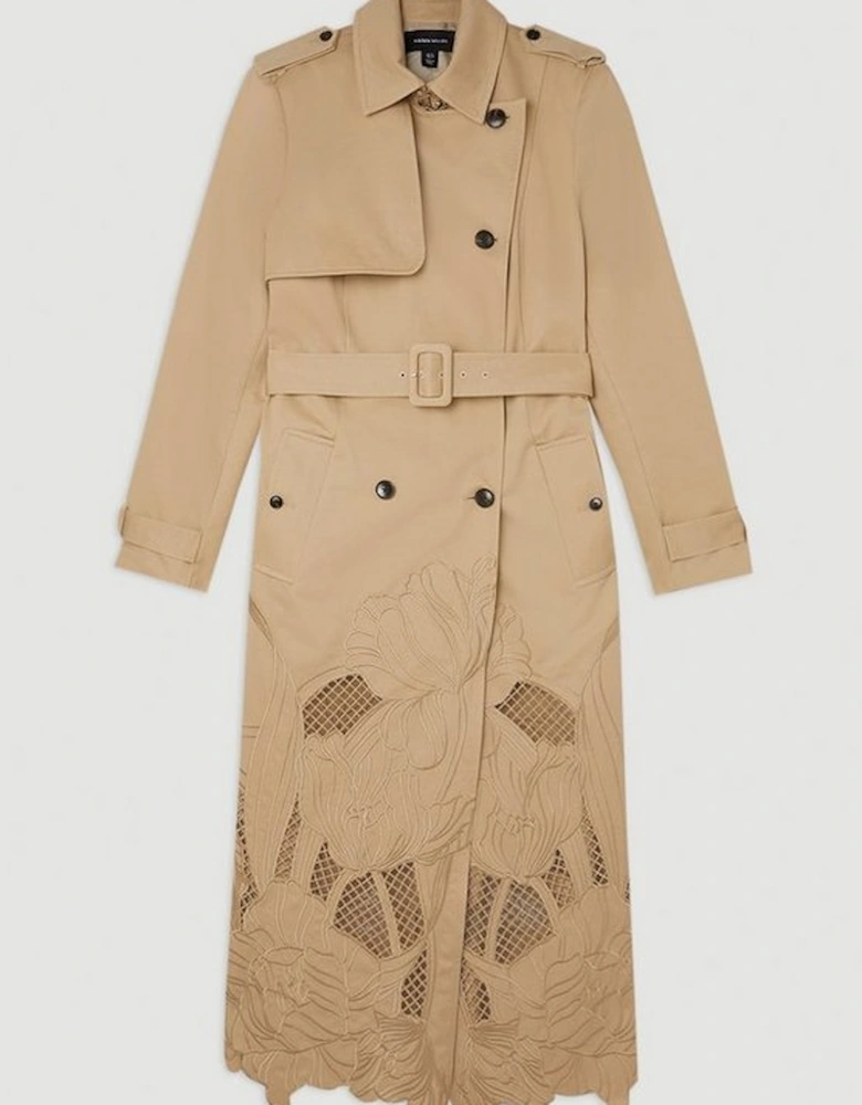 Tailored Cutwork Embroidered Belted Trench Coat