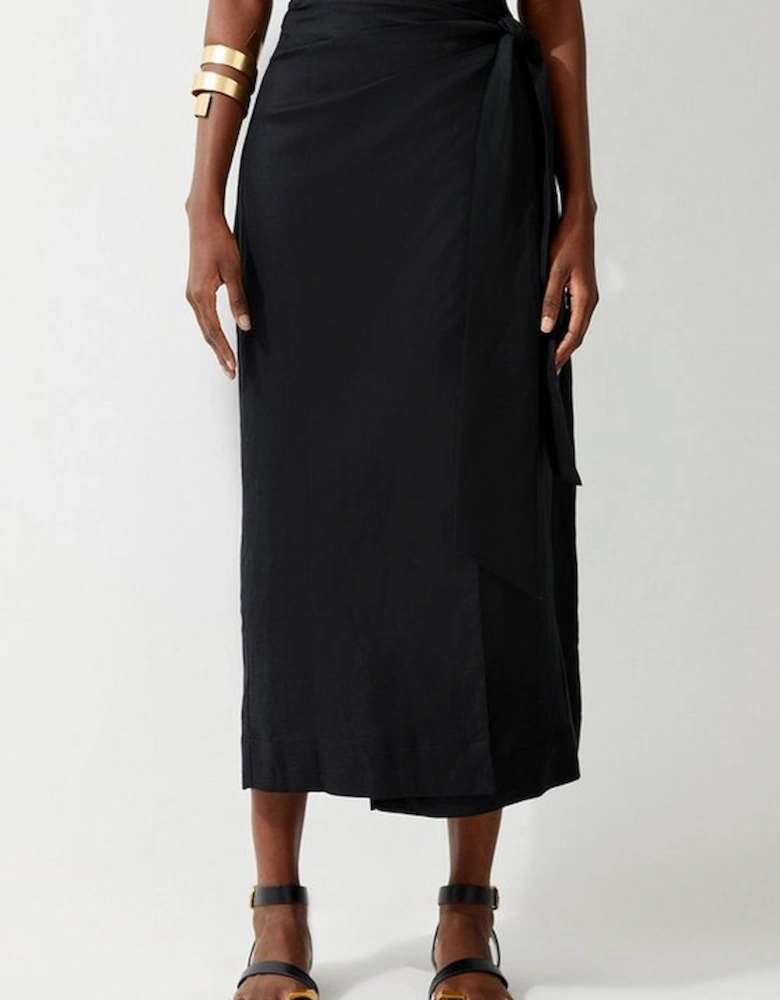 Viscose Linen Woven Tie Wrap Midi Skirt