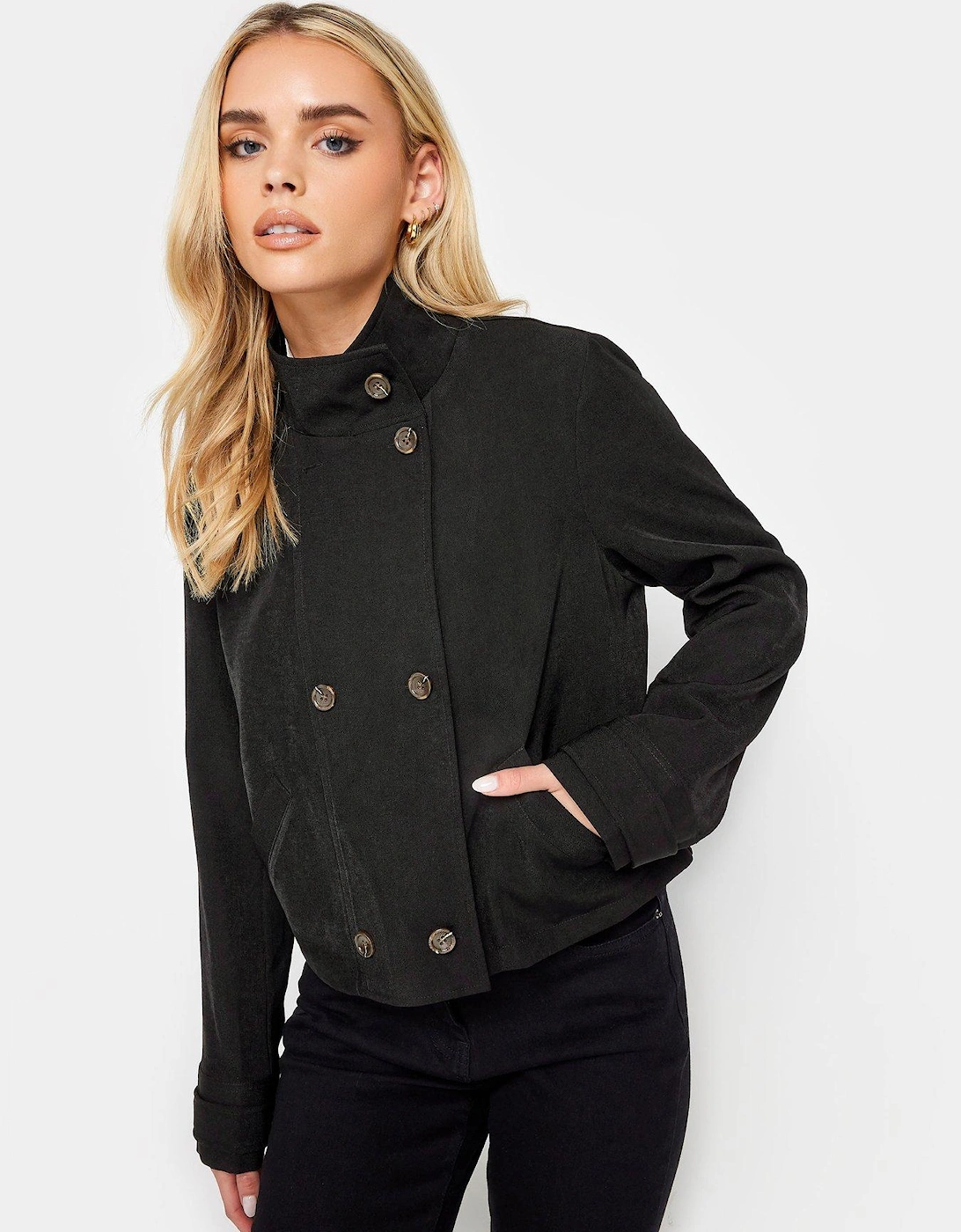 Petite Black Double Button Short Trench, 2 of 1
