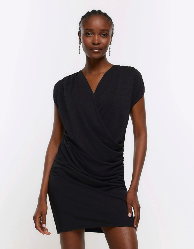 Ruched Drape Mini Dress - Black