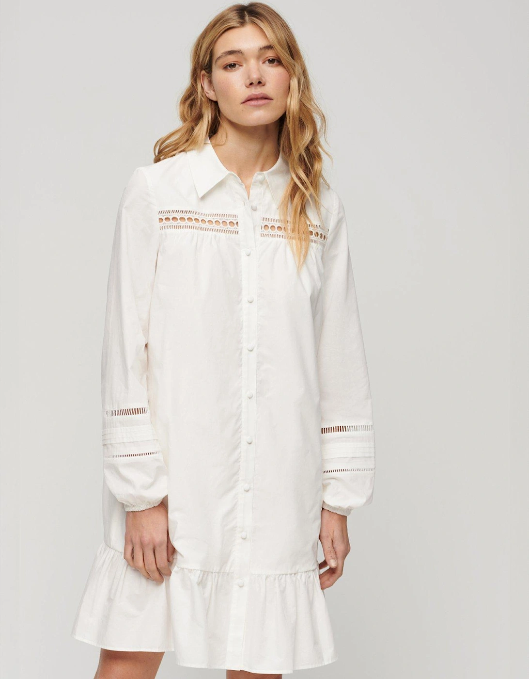 Lace Mix Shirt Dress - White, 7 of 6