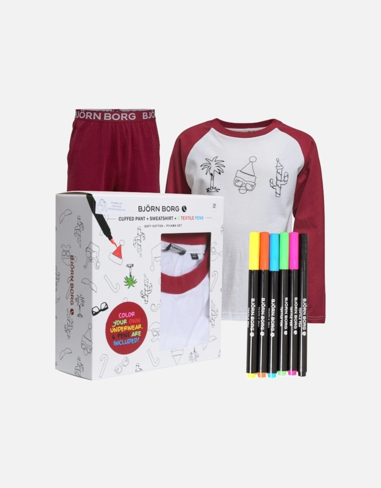 Boys Xmas Print Boys Colouring-in Pyjama Set with Pens, White/Burgundy