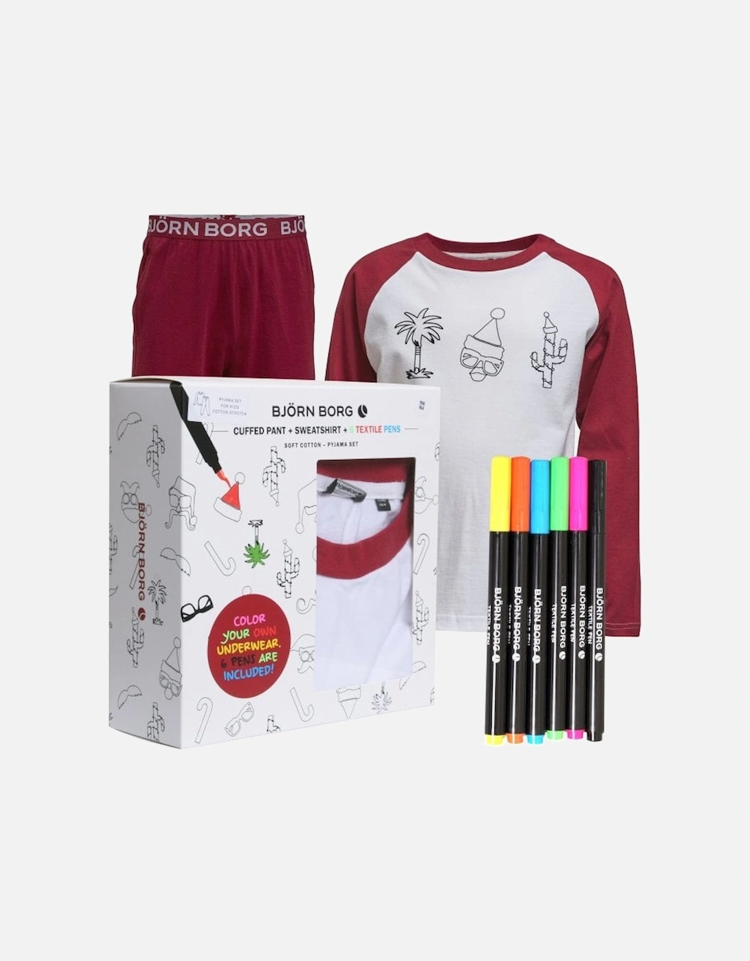 Boys Xmas Print Boys Colouring-in Pyjama Set with Pens, White/Burgundy, 11 of 10