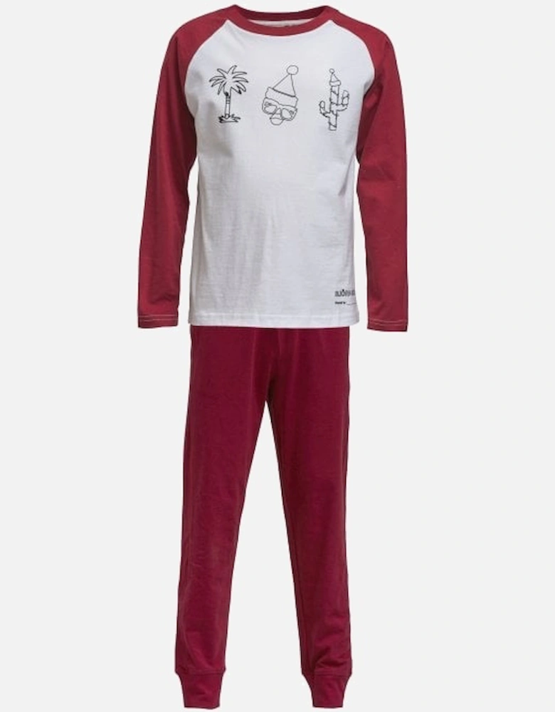 Boys Xmas Print Boys Colouring-in Pyjama Set with Pens, White/Burgundy