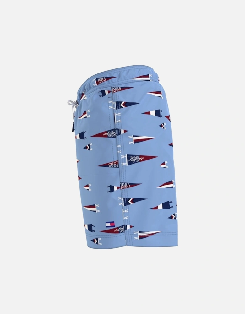 Pennant Print Boys Swim Shorts, Oxford Blue