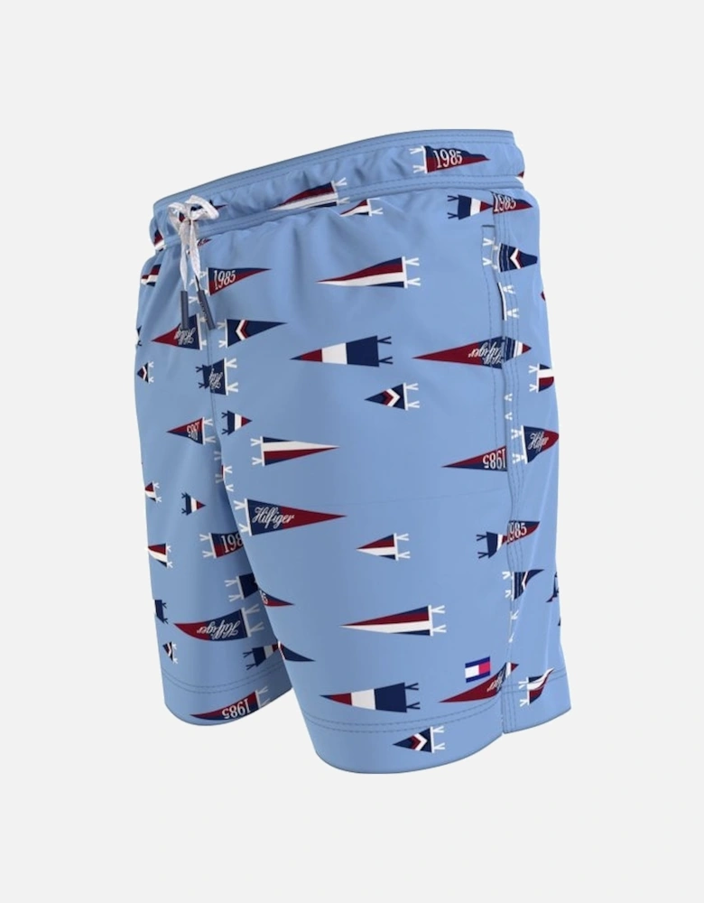 Pennant Print Boys Swim Shorts, Oxford Blue