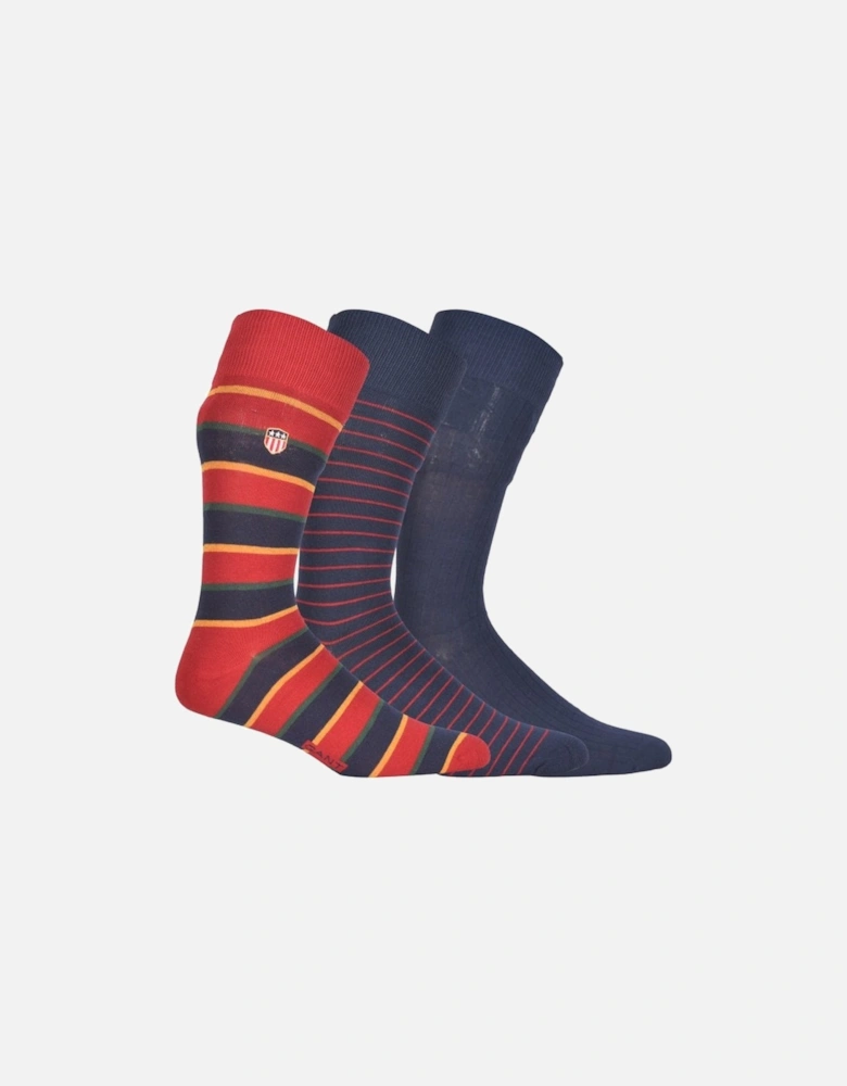 3-Pack Stripe & Solid Socks Gift Set, Navy/red