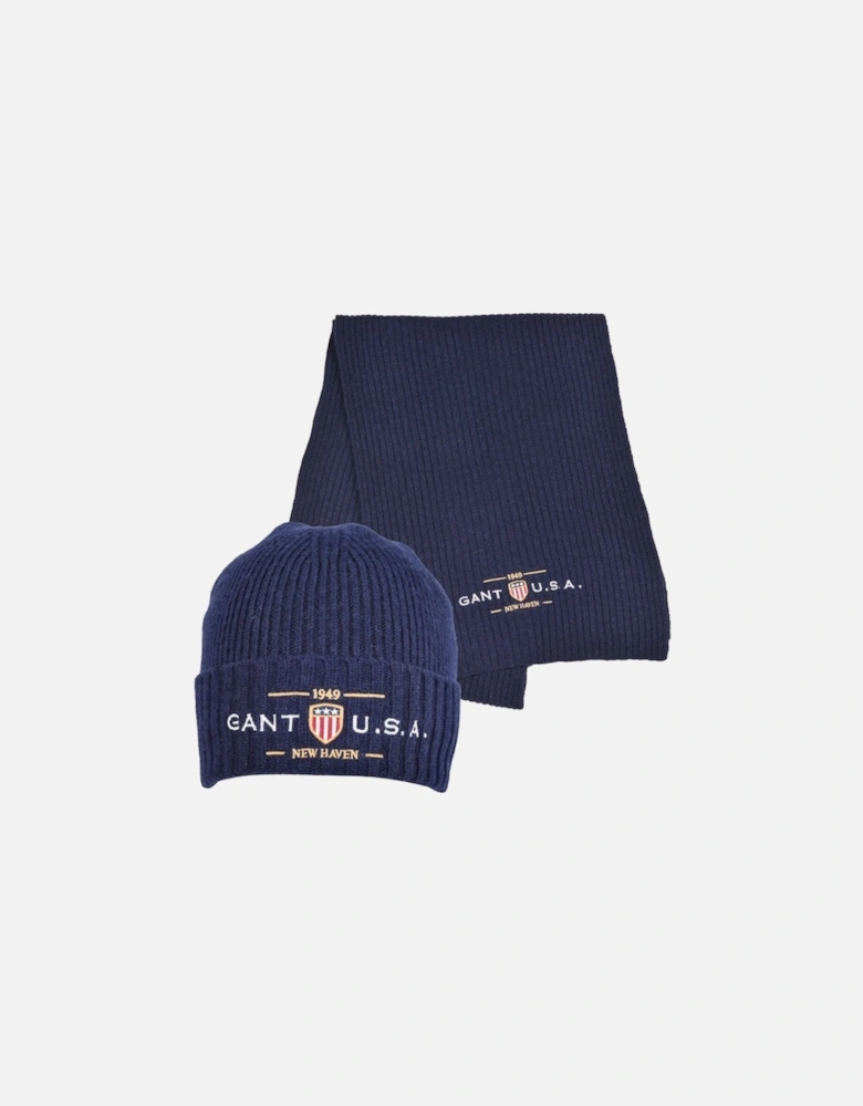 1949 Newhaven Shield Ribbed Wool Scarf & Beanie Gift Box, Navy