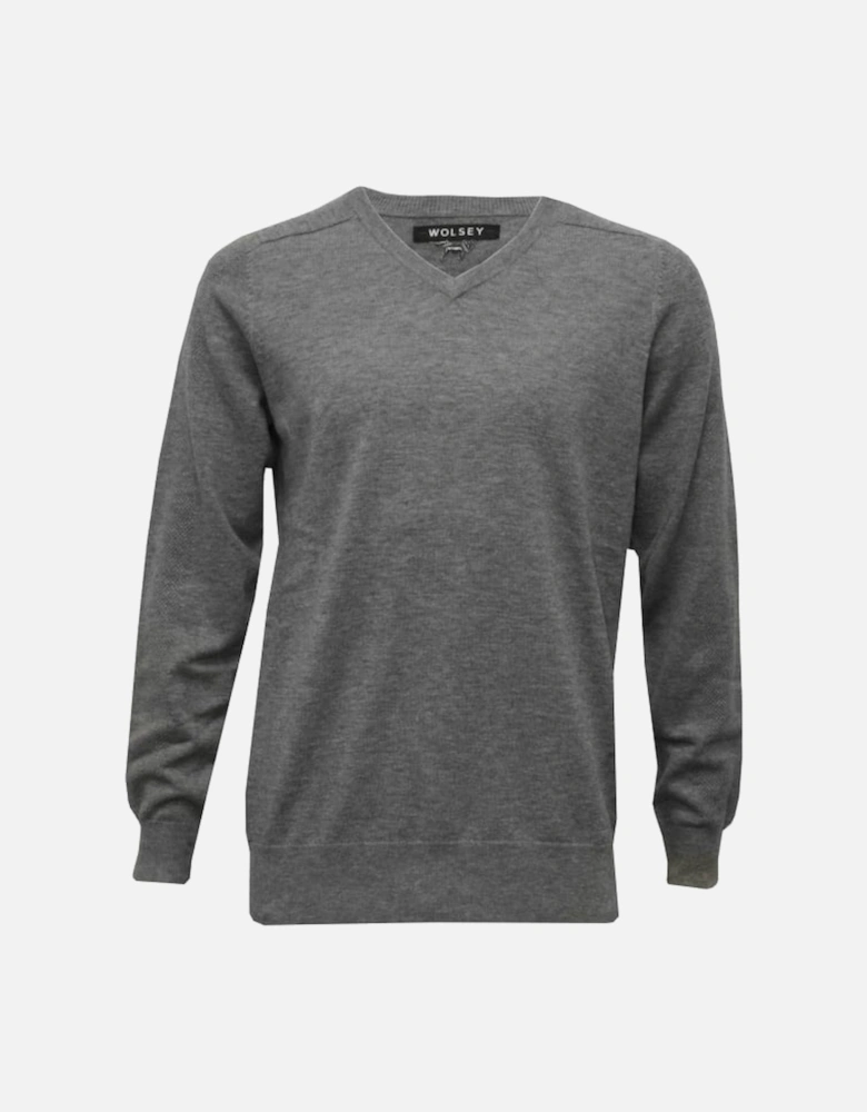 100% Extra Fine Merino Wool V-Neck Sweater, Grey Melange