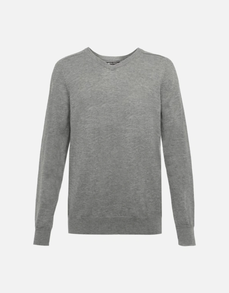 100% Extra Fine Merino Wool V-Neck Sweater, Grey Melange