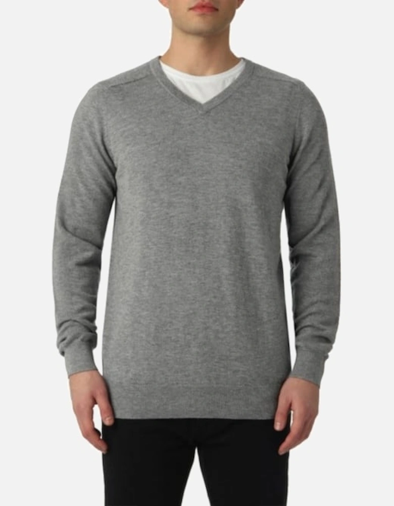 100% Extra Fine Merino Wool V-Neck Sweater, Grey Melange