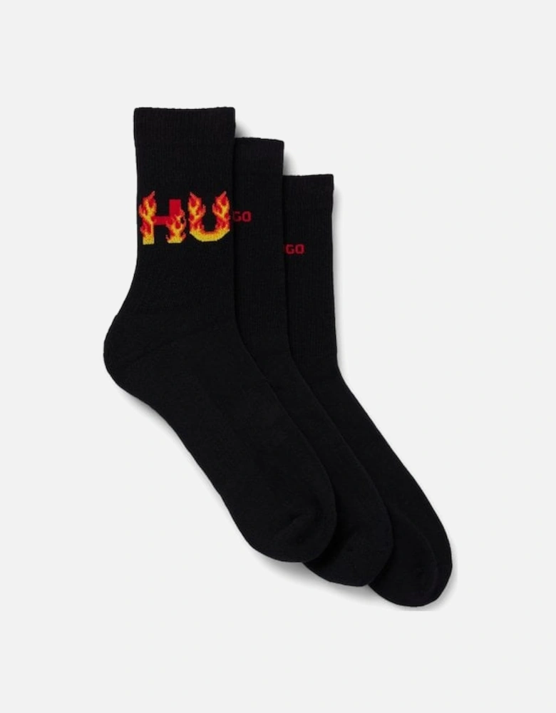 3-Pack Flames Logo Ribbed Sports Socks, Black