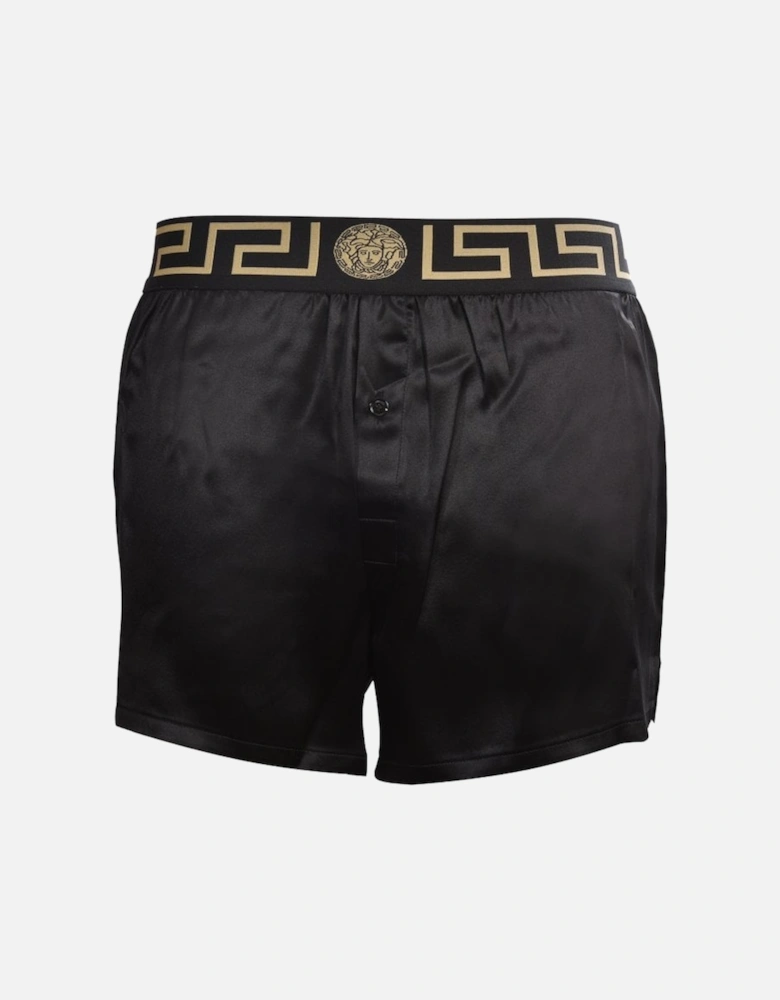 Iconic Button-Front Silk Boxer Short, Black/gold