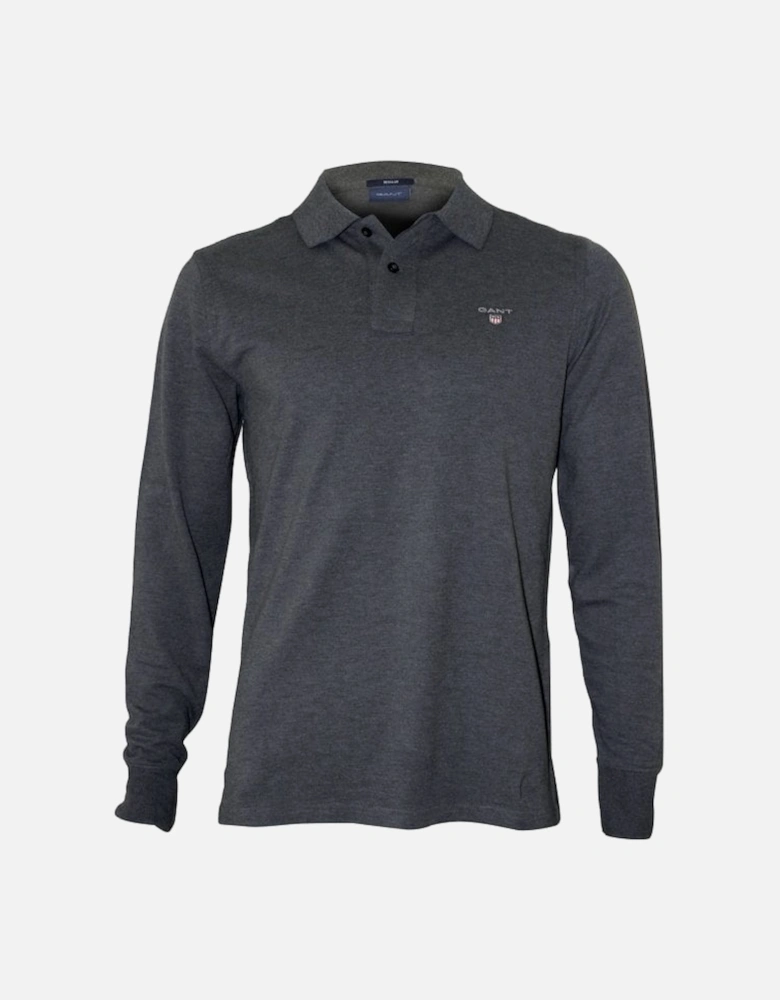 Long-Sleeve Pique Rugger Polo Shirt, Charcoal Melange