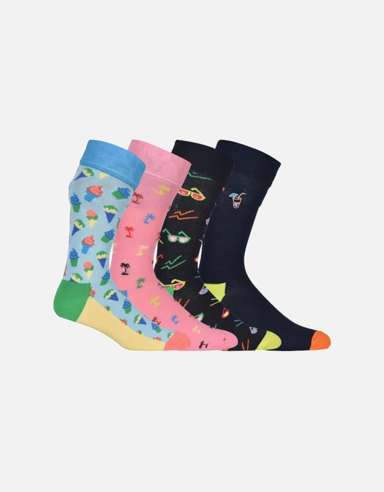 4-Pack Tropical Day Socks Gift Box, Navy/blue/pink