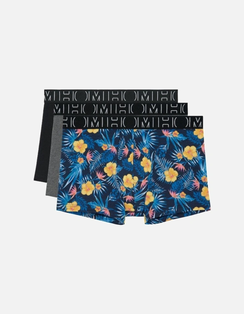 3-Pack Gino Floral Print Boxer Trunks, Black/Blue/Grey