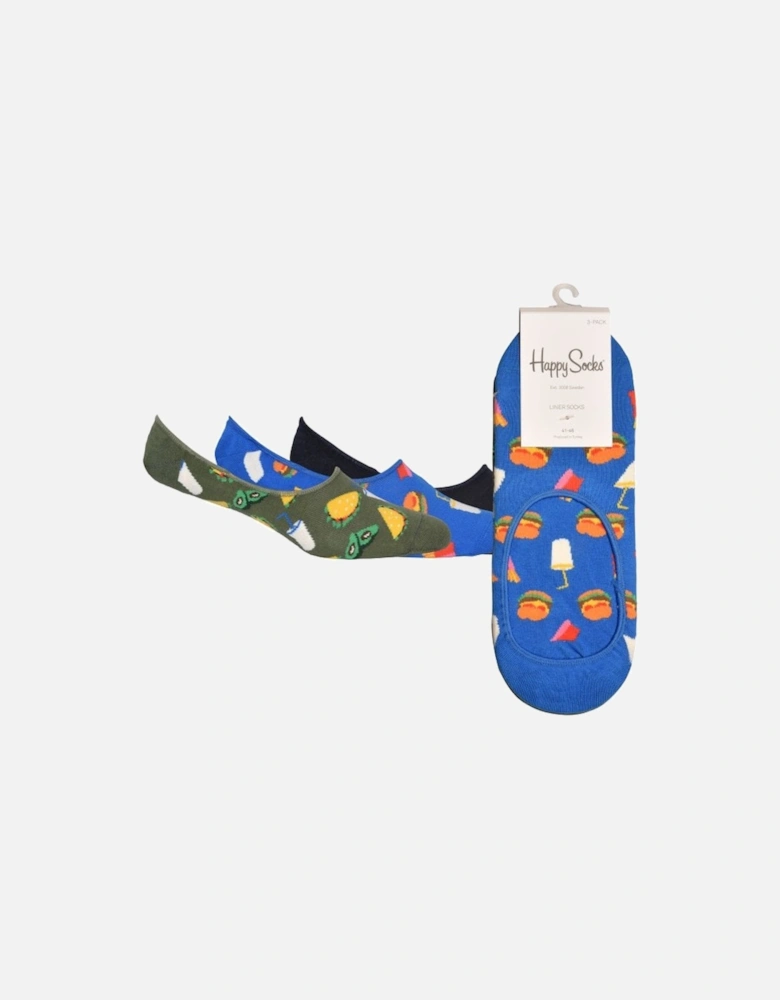 3-Pack Hamburger & Tacos Shoe-Liner Socks, Blue/Khaki/Navy