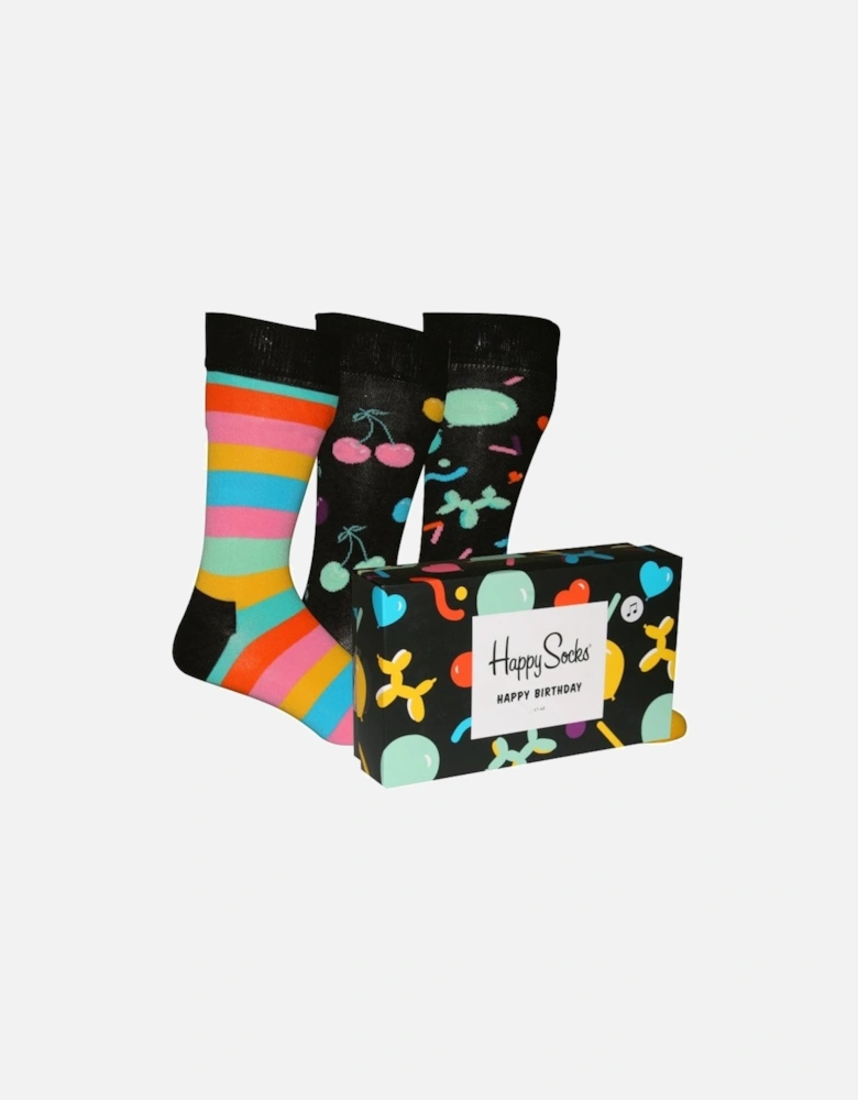 3-Pack Happy Birthday Socks Gift Box, Black/Multi