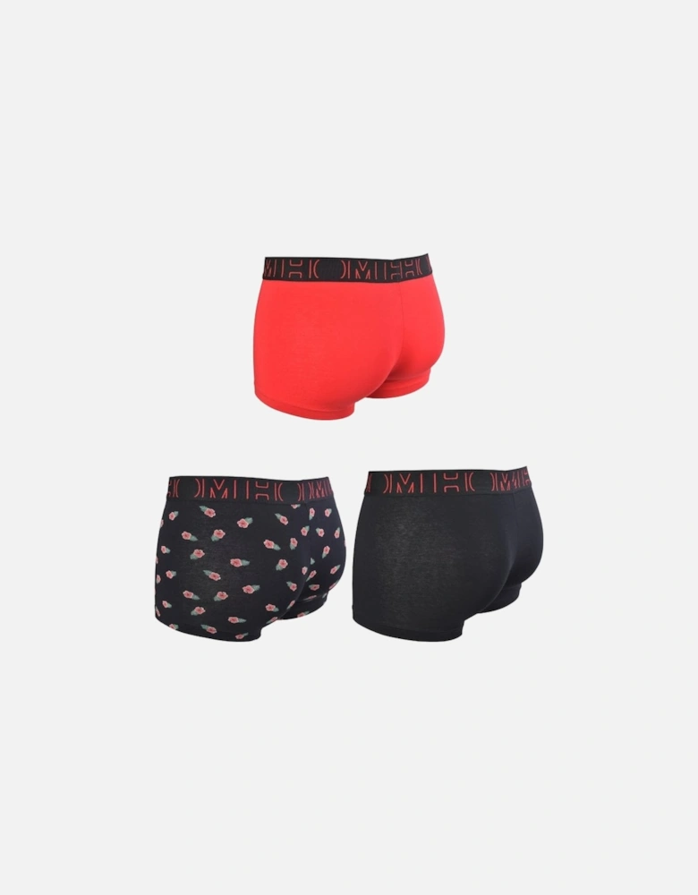 3-Pack Hibiscus Print Boxer Trunks, Red/Black