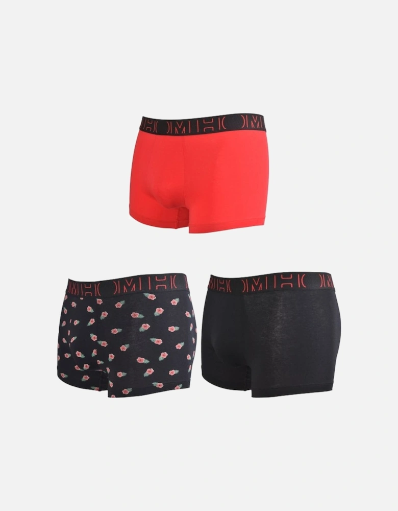 3-Pack Hibiscus Print Boxer Trunks, Red/Black