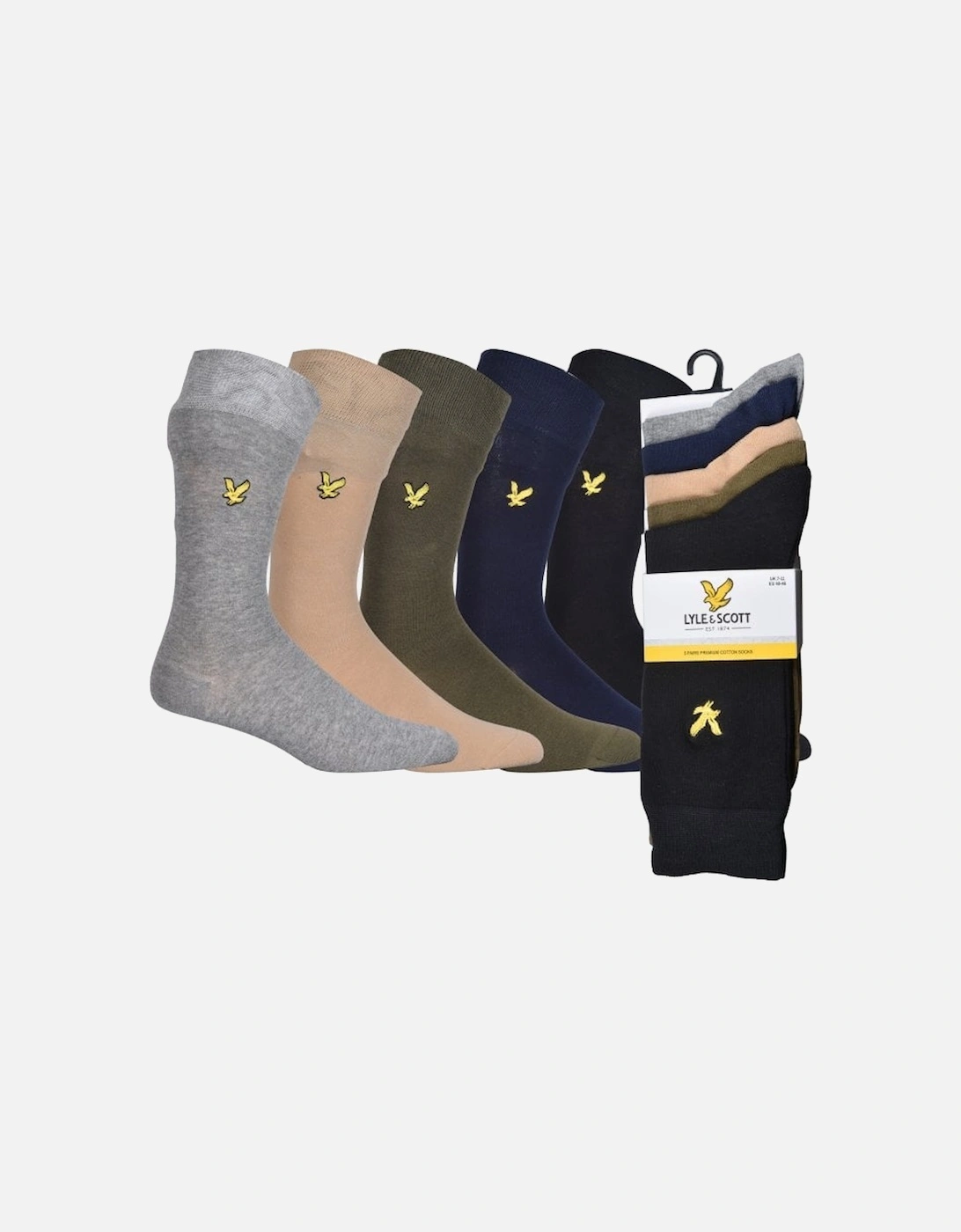 5-Pack Golden Eagle Logo Socks, Black/Olive/Beige/Navy/Grey, 9 of 8