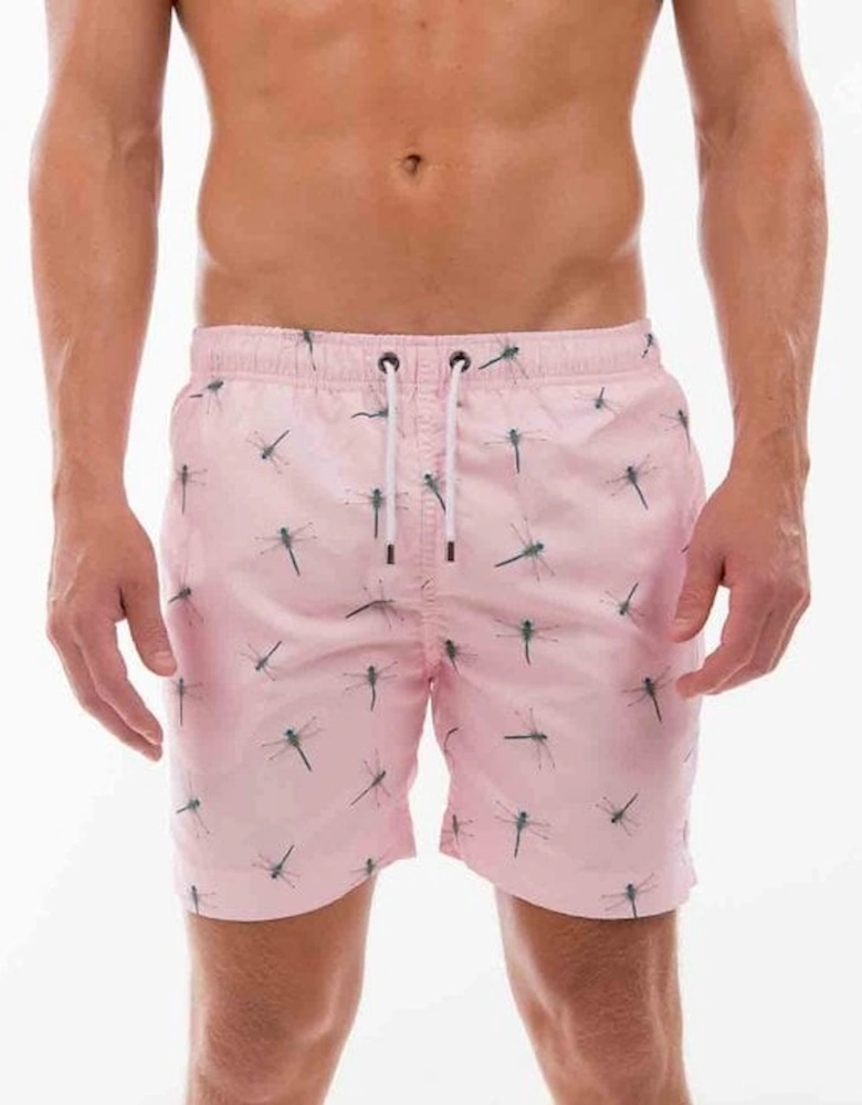 Dragonfly Print Swim Shorts, Pastel Pink