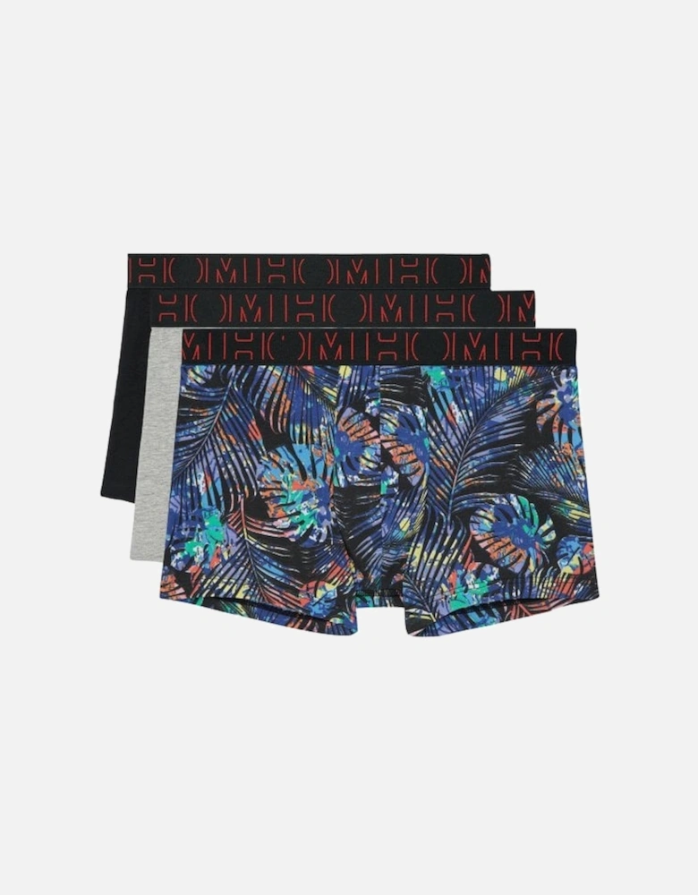 3-Pack Jorge Leaf Print Boxer Trunks, Black/Blue/Grey