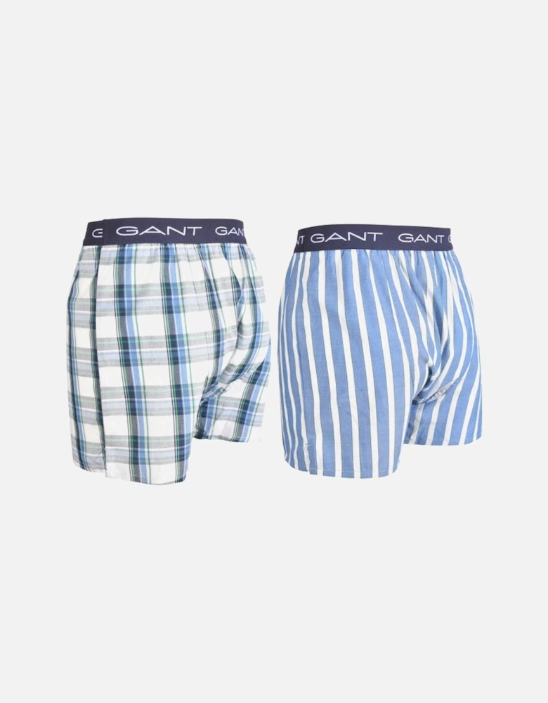2-Pack Check & Stripe Woven Cotton Boxer Shorts, Day Blue