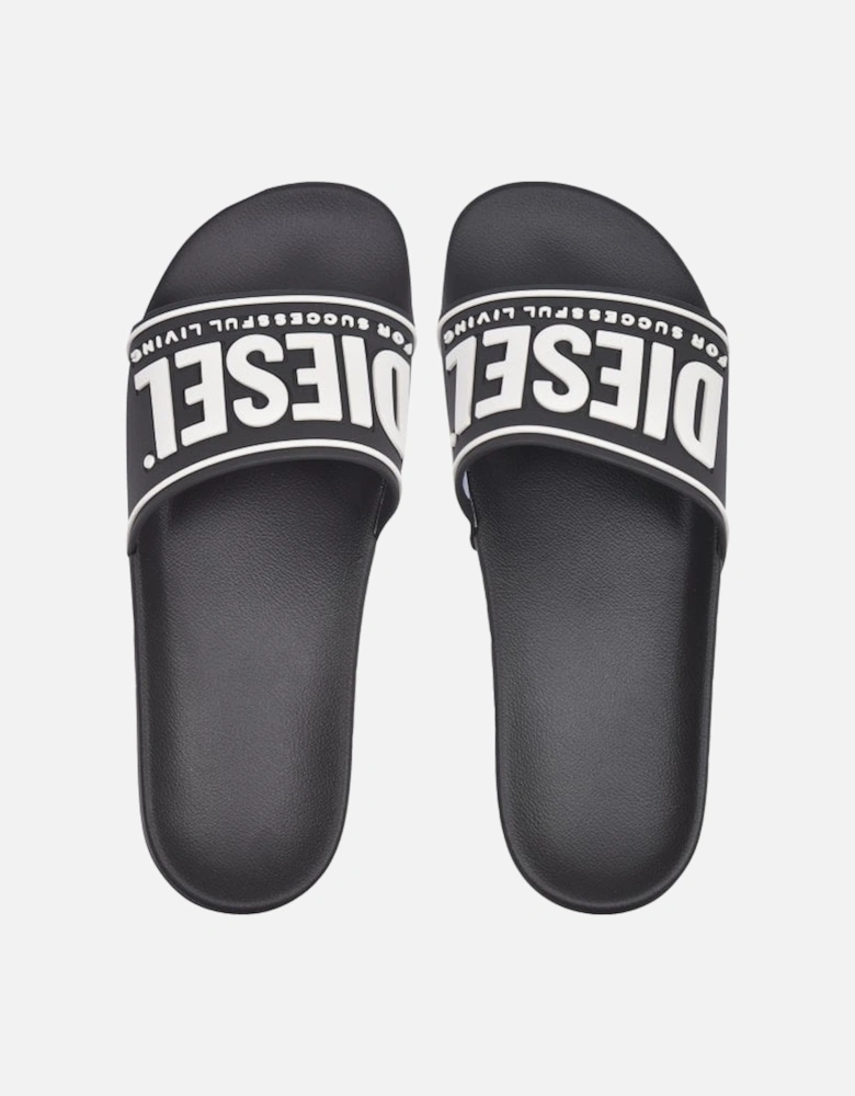 Raised Logo Pool Slider Sandals, Black