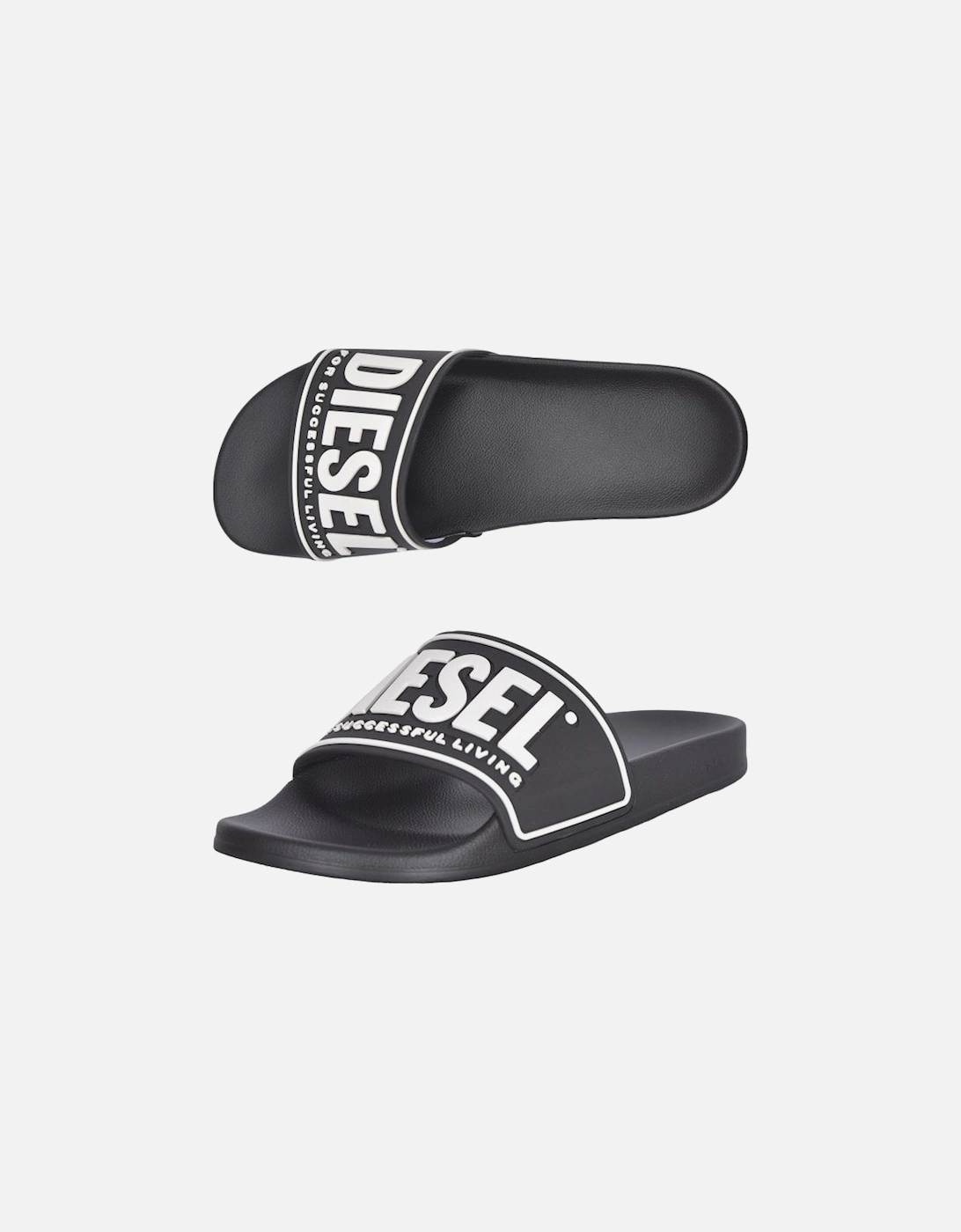 Raised Logo Pool Slider Sandals, Black