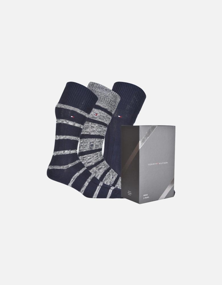 3-Pack Mouline Stripe Ribbed Boots Socks Gift Box, Navy Combo