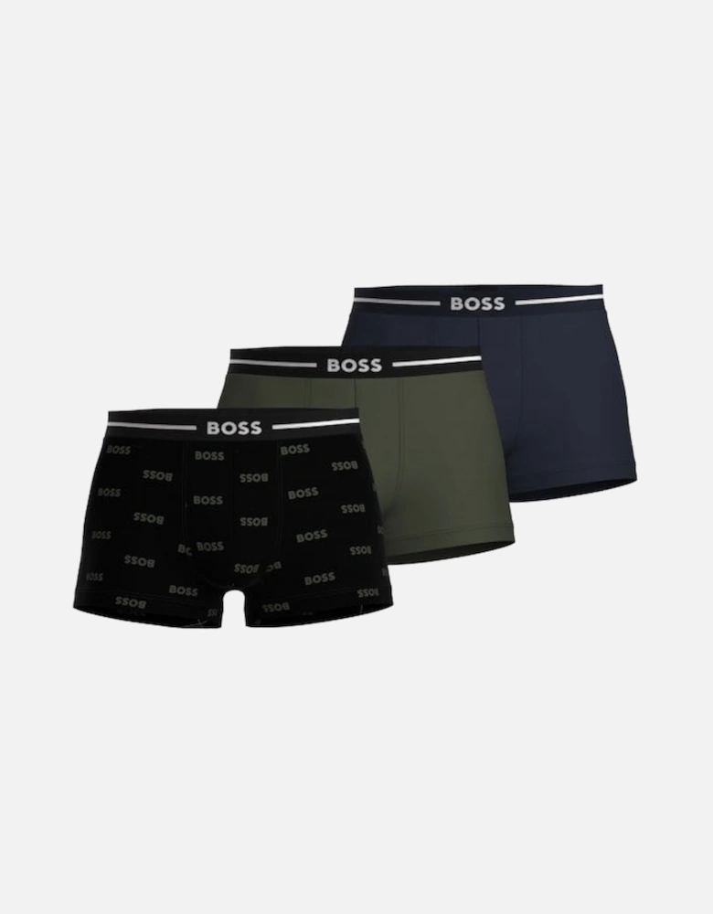3-Pack Bold Logo Print Boxer Trunks, Black/Khaki/Navy