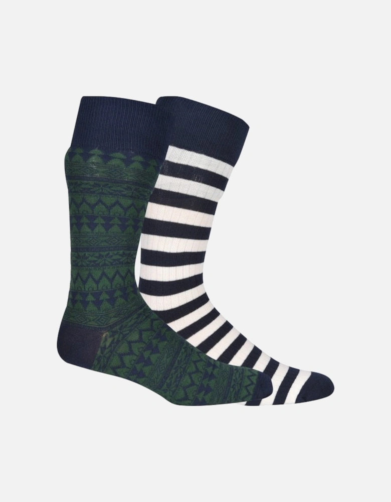 2-Pack Fair Isle & Stripe Socks Gift Box, Navy/Green