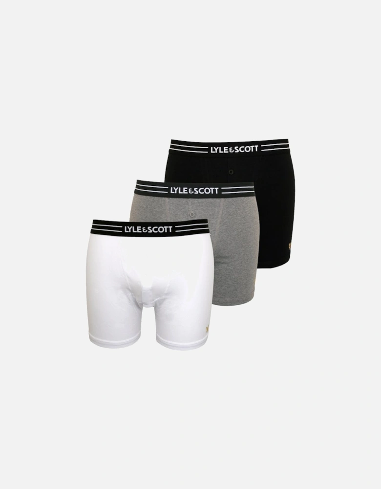 3-Pack Placed Logo Button-Fly Boxer Briefs, Black/White/Grey