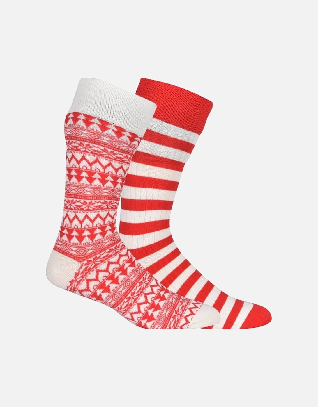 2-Pack Fair Isle & Stripe Socks Gift Box, Red/White