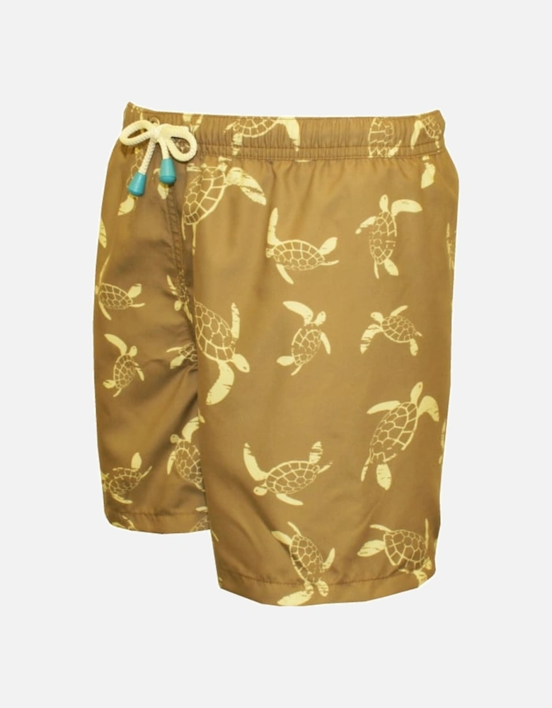 Turtle Print Boys Swim Shorts, Khaki/lemon