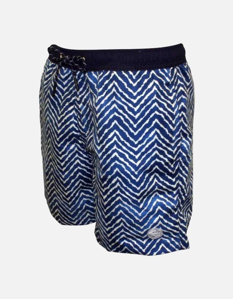 Two-tone Wavy Line Print Swim Shorts, Blue