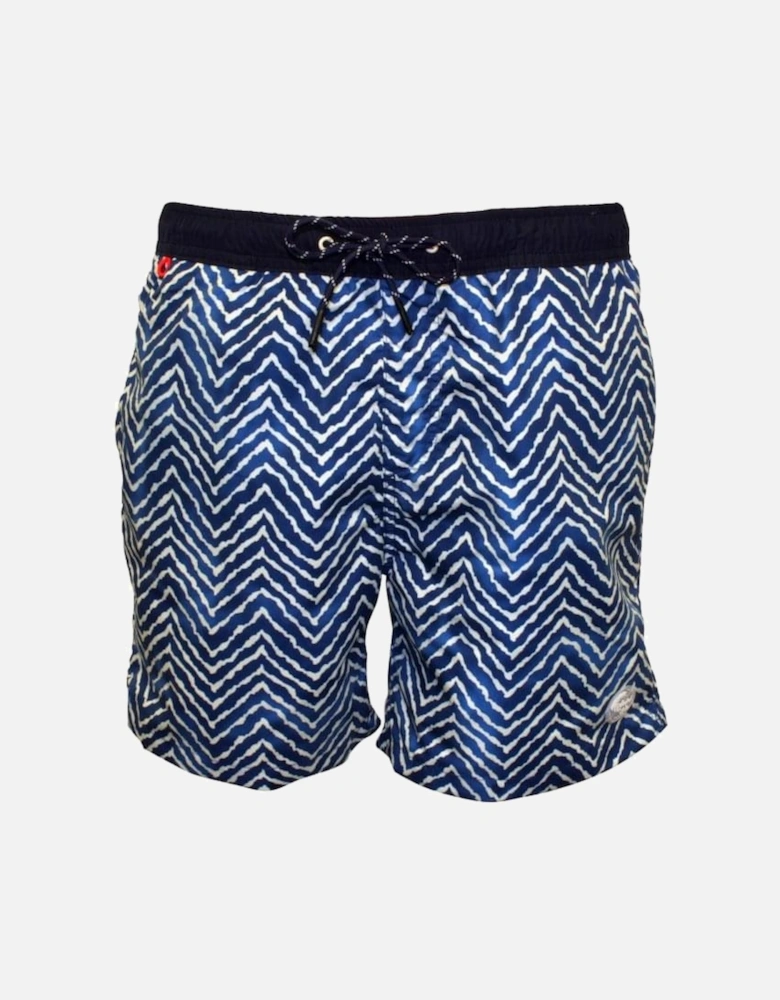 Two-tone Wavy Line Print Swim Shorts, Blue