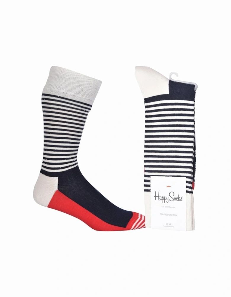 Half Stripe Socks, Navy/White
