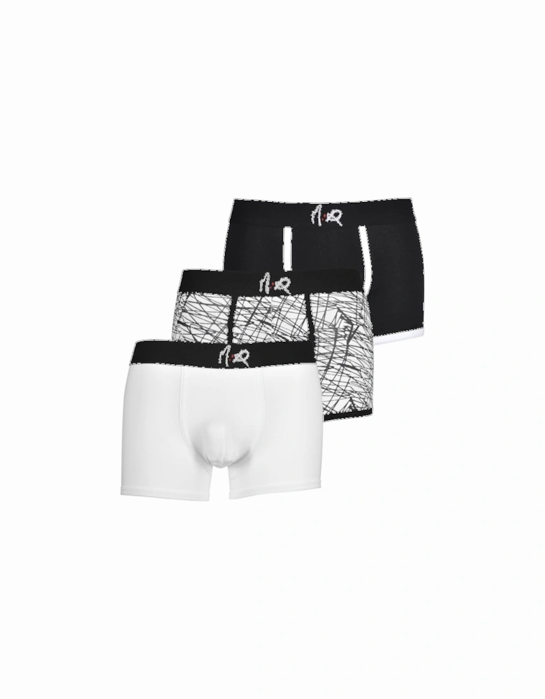 3-Pack Print & Solid Boxer Trunks, Black/White