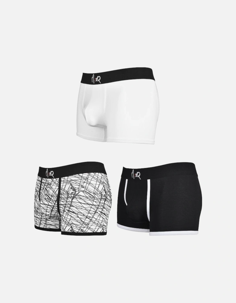 3-Pack Print & Solid Boxer Trunks, Black/White