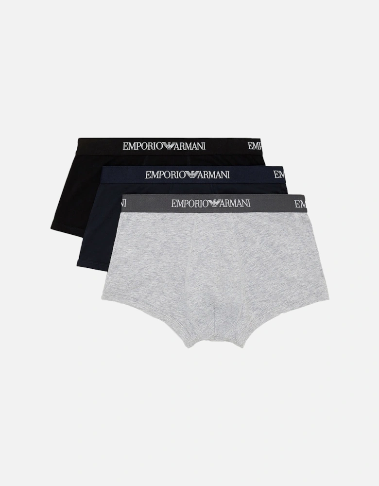 3-Pack Pure Cotton Boxer Trunks, Navy/Grey/Black