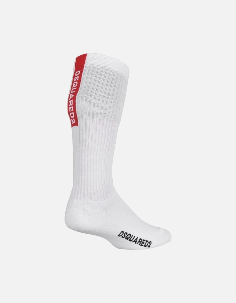 Vertical Logo Stripe Sports Socks, White/red